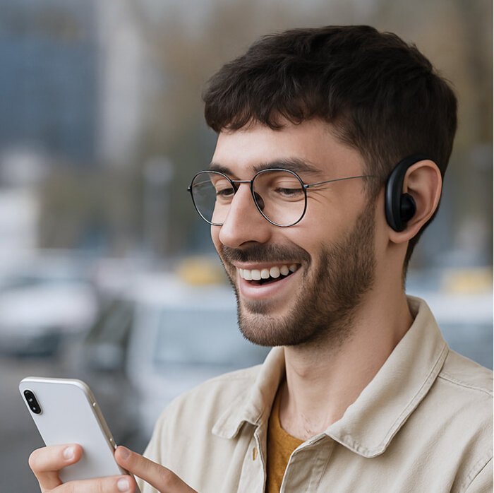 Pessoa usando SonaBuds para tradução em tempo real